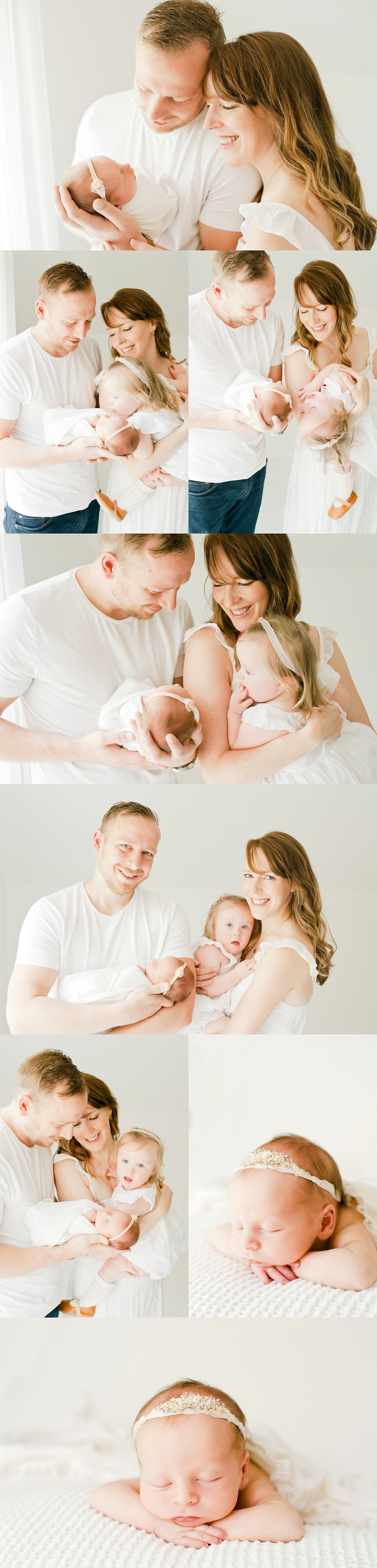 family of four in white studio with newborn baby girl