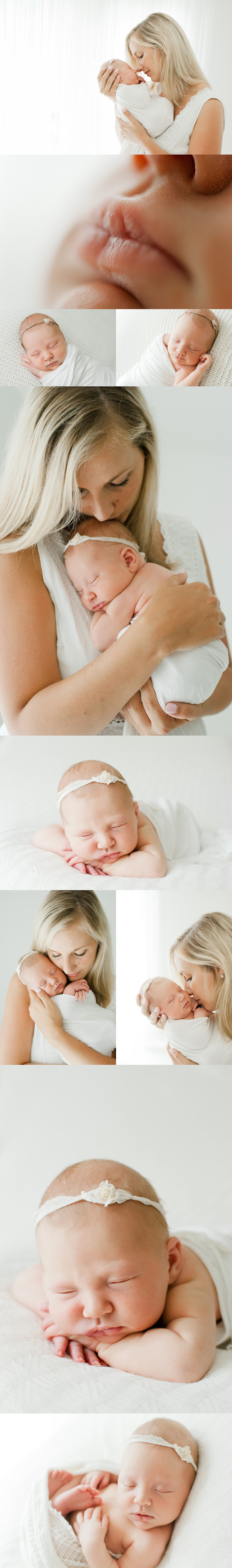 newborn baby photographed with her mother in white studio