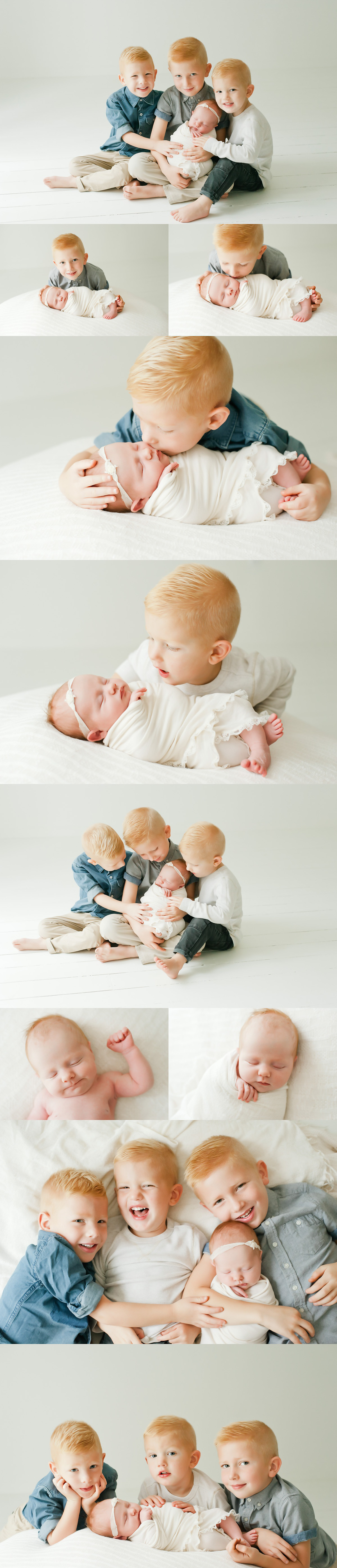 baby girl and her three big brothers all photographed as newborns in studio