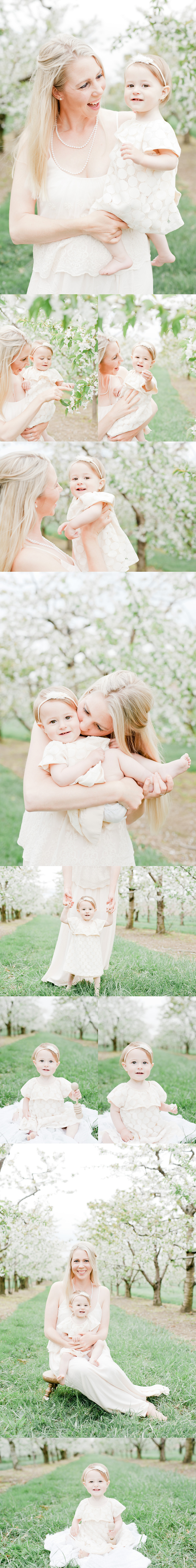 one year old baby girl session in the flowering orchards of Niagara