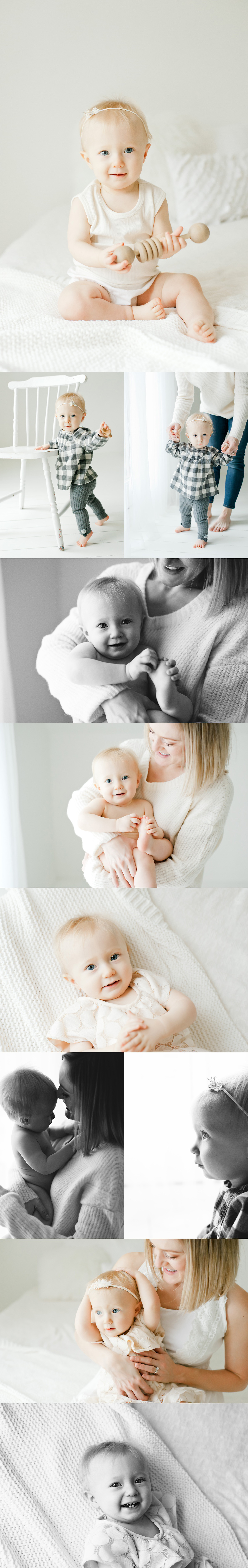 one year old baby and her mother snuggle in studio