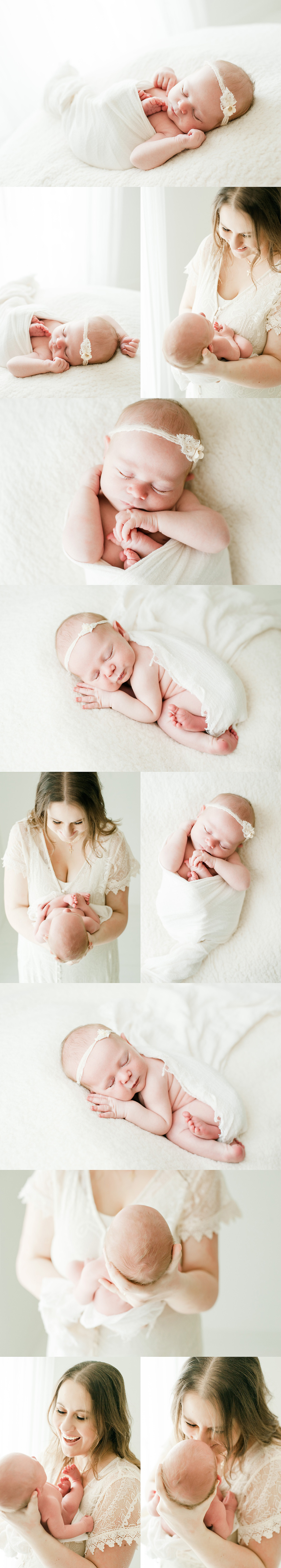 newborn baby girl snuggled up on white