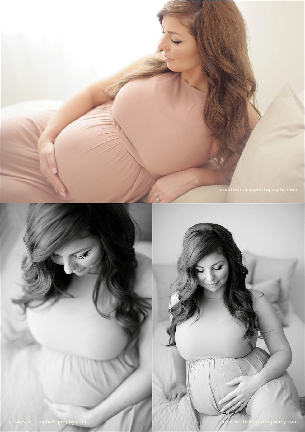maternity session in studio on bed