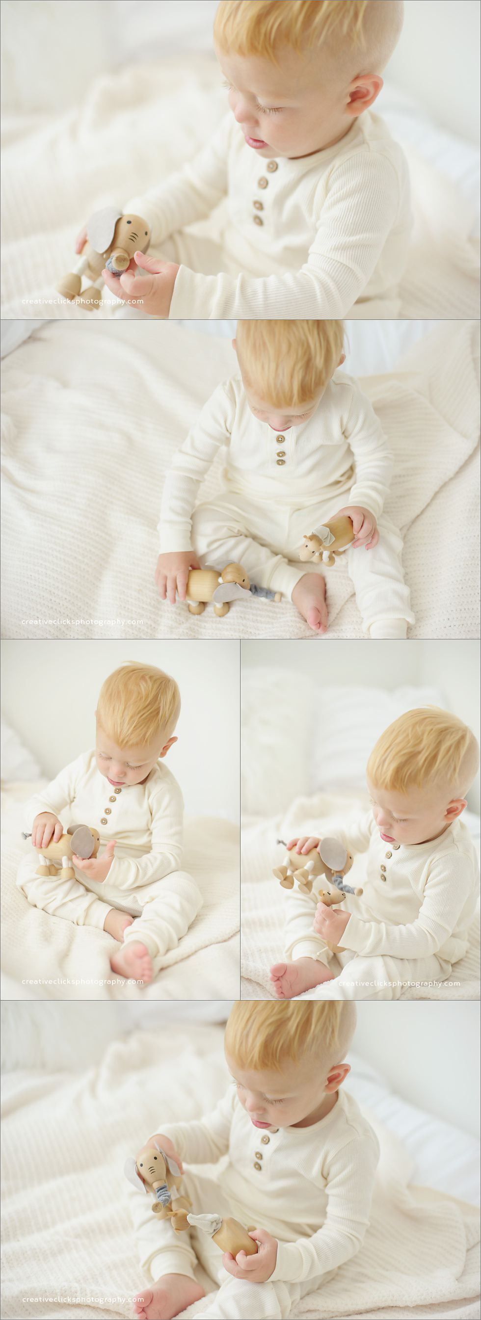 baby boy playing with wooden toys at portrait session