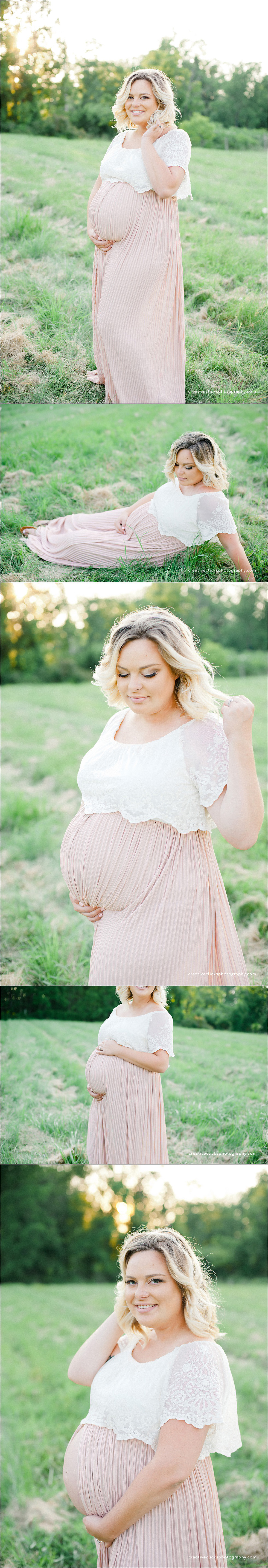 beautiful pregnant woman in field at sunset